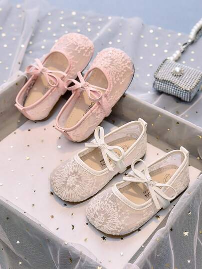 1 Pair Girls Fireworks Mesh Hollow Soft Bottom Flats, New Chinese Style Bowknot Hanfu Shoes, Spring/Summer