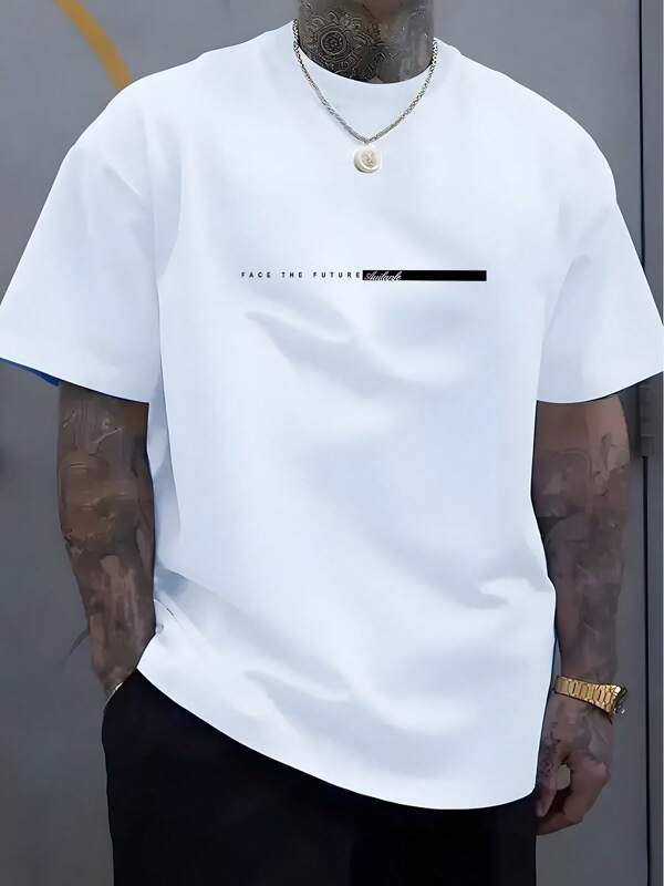 T-shirt casual à col rond à manches courtes pour hommes, avec imprimé de lettre simple et rayures