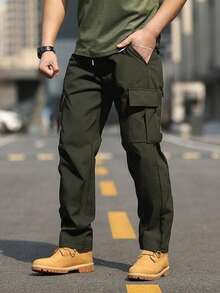 男士纯色抽绳口袋户外工装裤，直筒纯色工装裤，适合送给丈夫或男友，四季皆宜，休闲日常穿着 - 軍綠色 - 查看 3