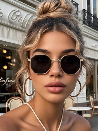 1 pieza Gafas de moda vintage de moda con montura geométrica de metal para mujer: para fotografía callejera, vacaciones en la playa, atuendos casuales y diarios | Accesorio de moda