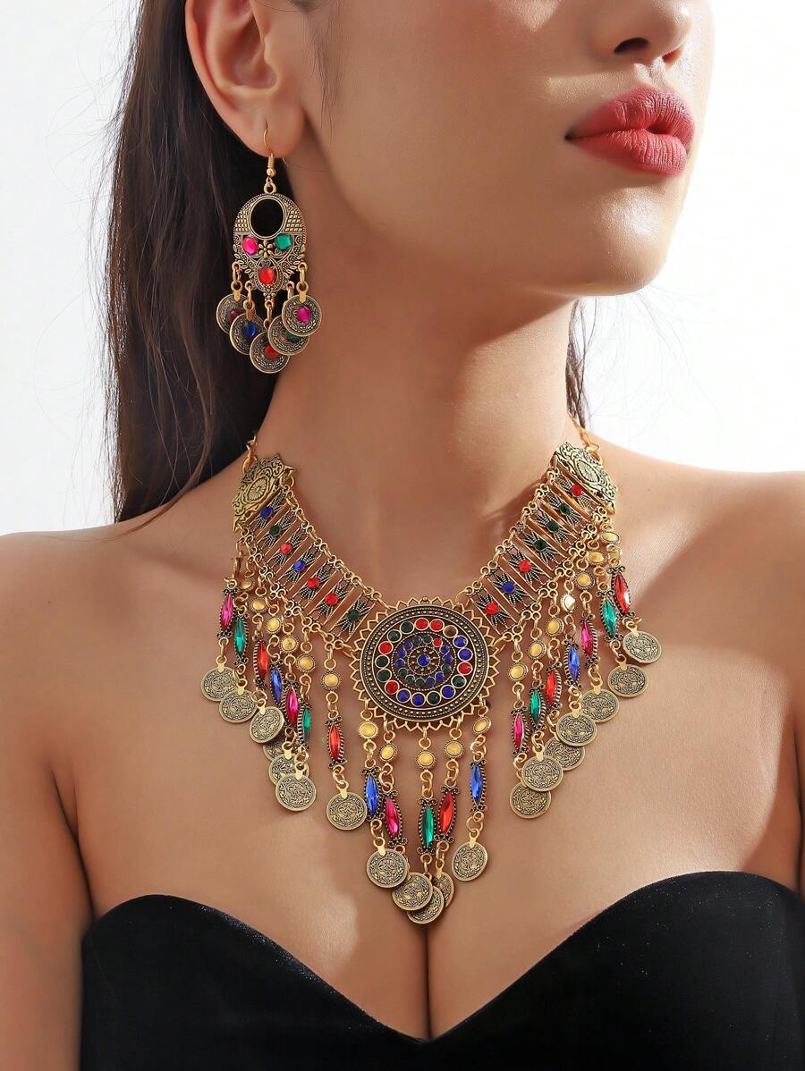 Women's Charming Exotic Palace Retro Mixed Color Versatile Necklace Earrings Jewelry Set, Suitable For Banquet, Evening Party, Travel Outfit Accessories, Gift