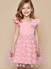 Vestido dulce de niña joven rosa con flores 3D, vestido de tul estilo cuento de hadas para niña joven apto para fiesta de cumpleaños, fotografía, pasarela, vacaciones en la playa, uso casual - Rosa - Ver 3
