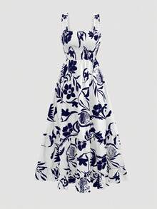 女式印花细肩带长连衣裙 - 藏蓝色 - 查看 2