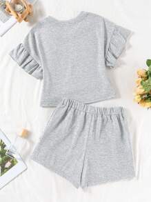 Women 2Pcs Summer Lounge Set, Lightweight Breathable Scoop Neck Relaxed Fit Ruffle Hem Cropped Top And Elastic Waist Ruffle Hem Short, Solid Color, Lounge Outfit