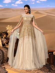 Faeriesty 华丽奢华的珠饰亮片长款晚礼服，配以引人注目的薄纱袖和束腰设计，适合正式晚宴、派对、婚礼等场合，尽显优雅气质。 - 香檳色 - 查看 4