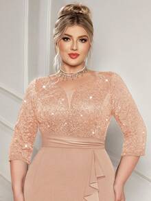 Plus Deep V-Neck Sequin Floral Lace Contrast Ruffle Trim Split Hem Evening Party Bodycon Dress, Semi Formal Wedding Guest Dress, For Birthday, Graduation, Dinner, Homecoming