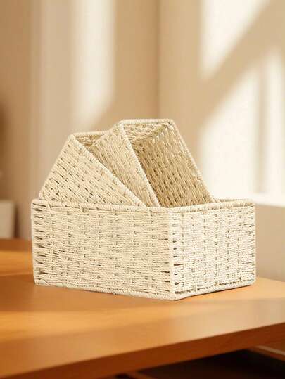 1pc/3pcs Desktop Storage Basket, Rattan Woven Tray For Cosmetics, Keys, Snacks, Home Living Room Organizer, S/M/L Size Available, Handmade Desk Organizer For Bedroom, Living Room, Study And Office, Storage, Makeup Organizer, Organiser, Basket, Organization And Storage, Baskets, Room Organizing Storage, Storage, Storage Box, Bin, Hamper Gift Box, Basket For Gift, Hanging Cabinet, Home Decor Pink, Kitchen Accessories,Metal Frame Garden Planters, Modern Bohemian Rope Hanging Baskets, NaturalMix Rattan Accents For CoastalVibes Patio Decor,For Back To School