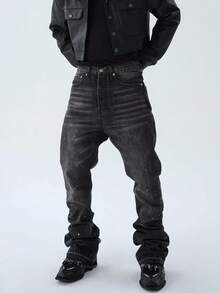 Straight Leg Flared Jeans, Fashionable Washed Denim Jeans, Cotton Slant Pocket Pants - Black - View 5