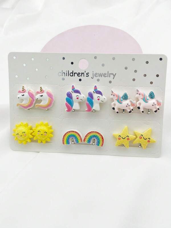 Set de 12 pendientes de clip sin dolor con diseños de unicornios y animales lindos, accesorios de joyería de resina de dibujos animados adorables para uso diario