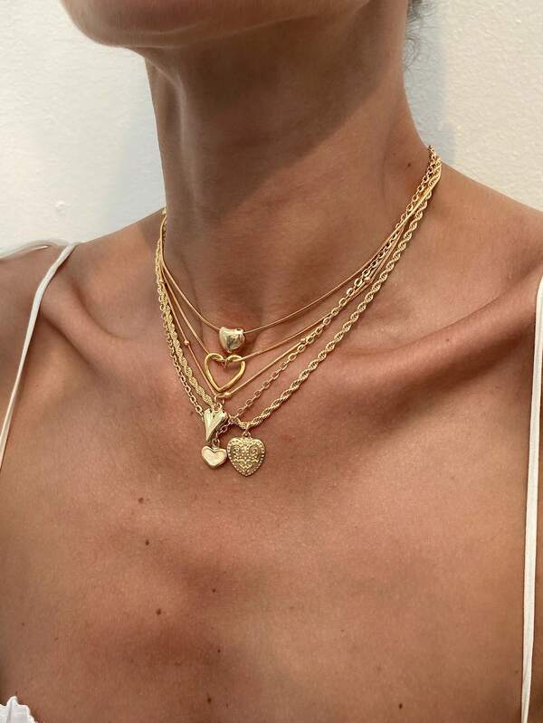 5pcs/Set Vintage Elegant Metal Heart & Bow Pendant Necklace Set, Layerable For Women, Suitable For Daily, Party, Formal Occasions, Fashion Accessory, Gift For Friends And Mothers (Chain Length May Vary)