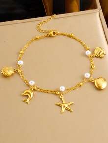 1pc Beach Holiday Ocean Style Sea Shell, Starfish & Tropical Fish Charm Stainless Steel Anklet, Suitable As Festival Gift For Women