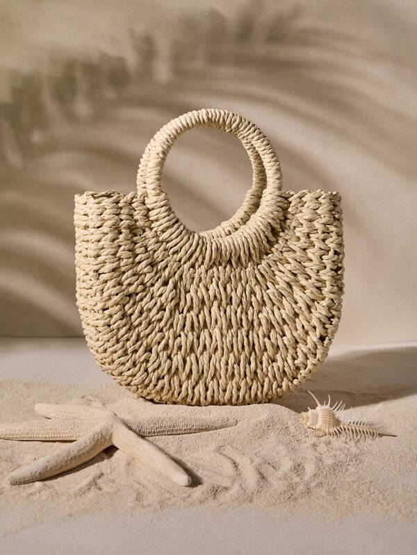 Tropiscape Handgefertigte einfarbige Rundhenkeltasche mit Kordelzugverschluss, geeignet für den Sommer, Damen Mini Lässig Umhängetasche, ideales Geschenk, Damentaschen für Urlaub, Feiertage, Strohbeutel, Stroh Strandtasche, Strandnotwendigkeiten, Strandutensilien, Strandgut & Sommergrundlagen, Urlaubstasche für Sommerstrand Herbst