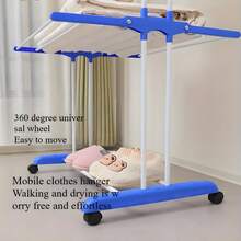 Movable Rolling Clothing Drying Rack, Adjustable Multi-Tier Laundry Air Dryer Rack, Space Saving Foldable Garment Stand For Towels, Socks, Pants, Shirts - Blue and White - View 8