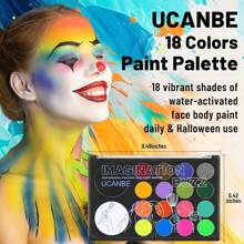 Pinturas corporales UCANBE de 18 colores con pintura facial grande blanca, negra y UV: pintura facial activada por agua para Halloween, maquillaje de teatro, maquillaje de carnaval, maquillaje de fiesta y escenario.