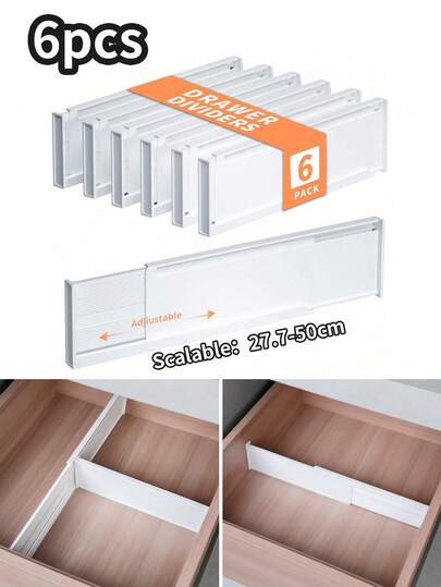 Conjunto de 6 divisórias ajustáveis para gavetas, organizadores expansíveis para gavetas de cozinha, divisórias de plástico para gavetas de cômoda, ideais para roupas de bebê, 8,5 cm de altura, tamanho ajustável de 27,7 a 52,5 cm, adesivo dupla face, adequadas para decoração de outono, decoração de festas, decoração de quarto, decoração de casa e banheiro (Observe o tamanho do produto e escolha o tamanho apropriado).