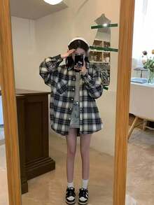 Plus Size Women Plaid Collared Button Down Shirt, Casual Loose Fit College Style, Versatile For Daily Wear And Commuting, Spring & Autumn