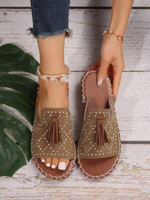 Women Plus Size Flat Sandals, Bohemian Hollow Out Tasseled Printed Beach Slippers, Casual Relaxed Style For Holiday, Spring/Summer New Arrival