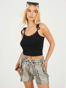 brave soul Tie Strap Vest With Lace Deail - Black - View 3