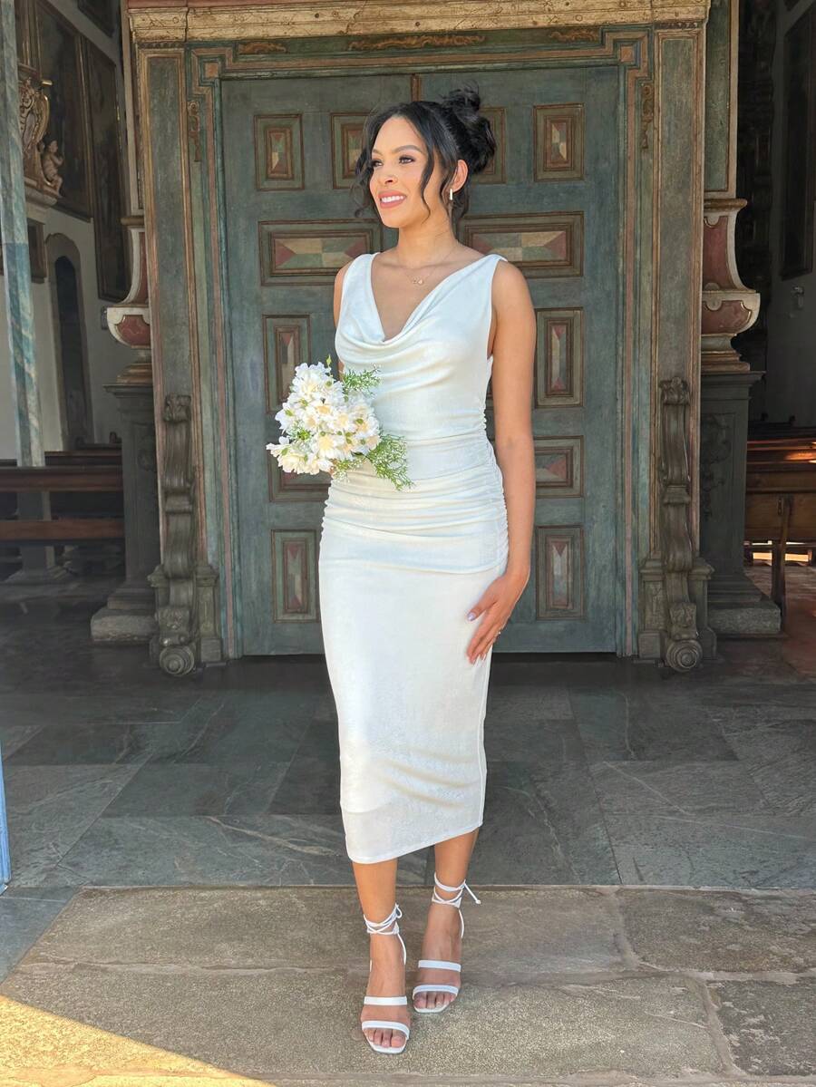 White Midi Dress Civil Wedding Engagement Pre Wedding Elegant - 白色 - 查看 1