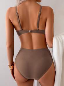 2pcs/Set Summer Solid Color Sexy Elegant Bohemian Spaghetti Strap Bikini Swimsuit For Beach Resort Vacation - Brown - View 2