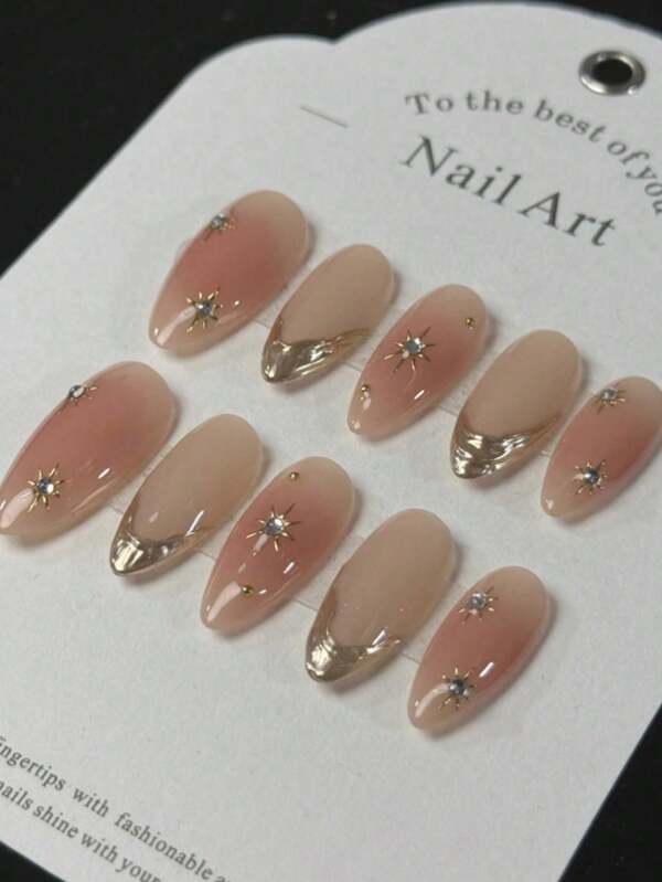 10 ongles naturels en amande, fait main, mélange rose, ornements en diamant octogonal métallique, bord français rose magique miroir style minimaliste de luxe faux ongles. Ensembles réutilisables de pointes d'ongles nude et blancs, convenant aux femmes.