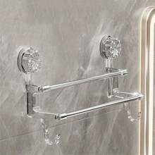 Double-Pole Wall-Mounted Towel Rack With Hooks, Household Non-Perforated Bath Towel Storage Rack With Suction Cups, Bathroom Storage Rack, Dry And Wet Towel Dual-Purpose Storage Rack, Bathroom Organizer, Door Rear Hook, Metal Storage Hanging Rod, Suitable For Towels, Bath Towels, Scarves, Bath Flowers, Home Decoration, Room Decoration, Bathroom Accessories