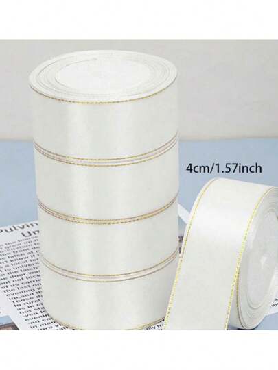 Fita de cetim branca com borda dourada dupla face, tamanho 25, borda multicolorida de 0,6/1/2,5/4 cm, adequada para embalagens de presentes, artesanato, grampos de cabelo, decoração de festas de casamento, bem como acessórios para chapéus e roupas.