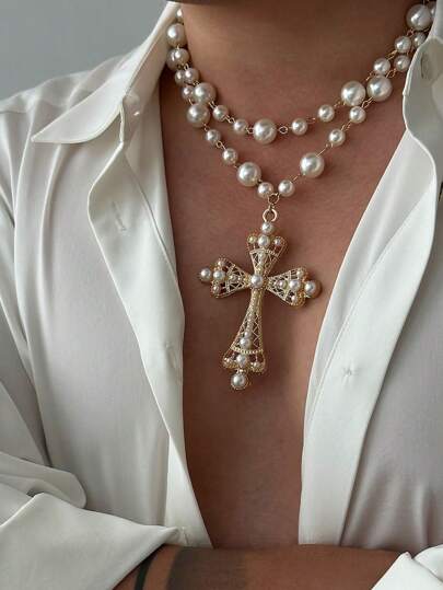 Men's Fashionable Faux Pearl & Copper Cross Pendant Double Layer Necklace, Baroque Style, Suitable For Daily Wear, Party & Gathering