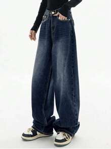 Jeans vaqueros de pierna ancha y lavados casual para mujer