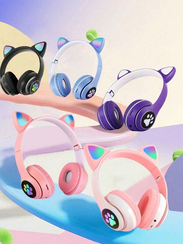 Wireless Headphones Cat Ear LED Light Up Bluetooth Foldable Headphones Over Ear With Microphone For Online Distant Learning