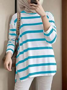 女士保守条纹长袖圆领阿拉伯风格上衣 - 藍色 - 查看 1