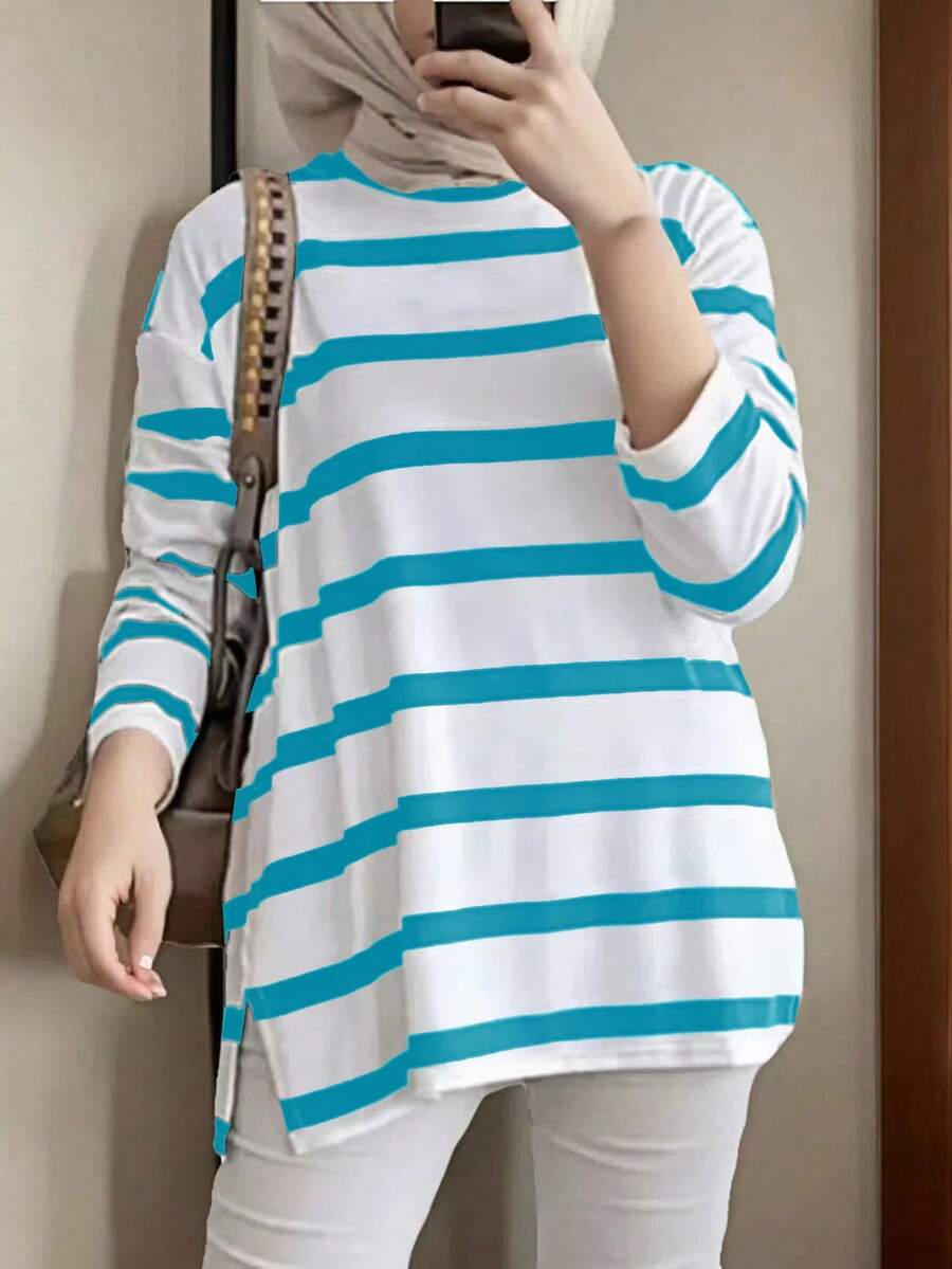 女士保守条纹长袖圆领阿拉伯风格上衣 - 藍色 - 查看 1