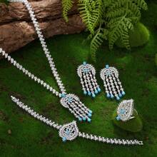 Conjunto de joyería de 5 piezas de turquesa de alta gama para mujeres, que incluye collar, pulsera, anillo y pendientes con flecos de turquesa, adecuado para fiestas y vestidos de noche, realizado en cobre chapado con circonita AAA, piedras de turquesa natural de calidad premium, para el verano