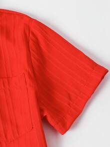 Tween Boys Summer New Wave Ribbed Stand Collar Short Sleeve Casual Comfortable Fashionable Solid Color Button-Down Shirt - Red - View 5