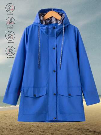 1 件女士户外防水面料条纹连帽拉链长袖夹克，休闲春夏风衣