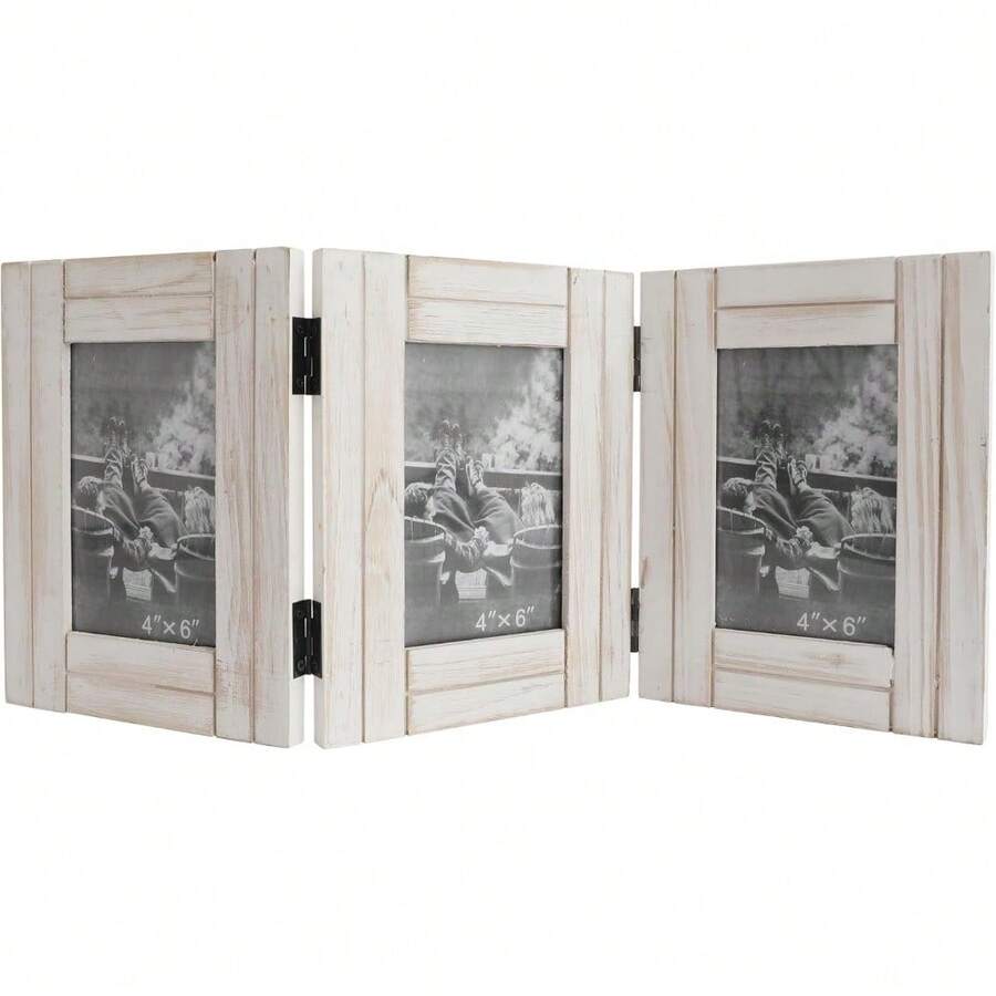 Triple Hinged 3 Picture Frame 4X6 Distressed Wooden Photo Frame For Tabletop Display Picture College Frame Holiday Christmas Home Decor - Trifold White 4X6 - View 1