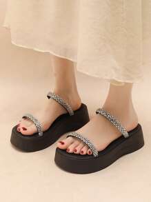 Women's Thick Sole Wedge Platform Sandals, Rhinestone Decorated For Beach, Vacation, Party, White Color