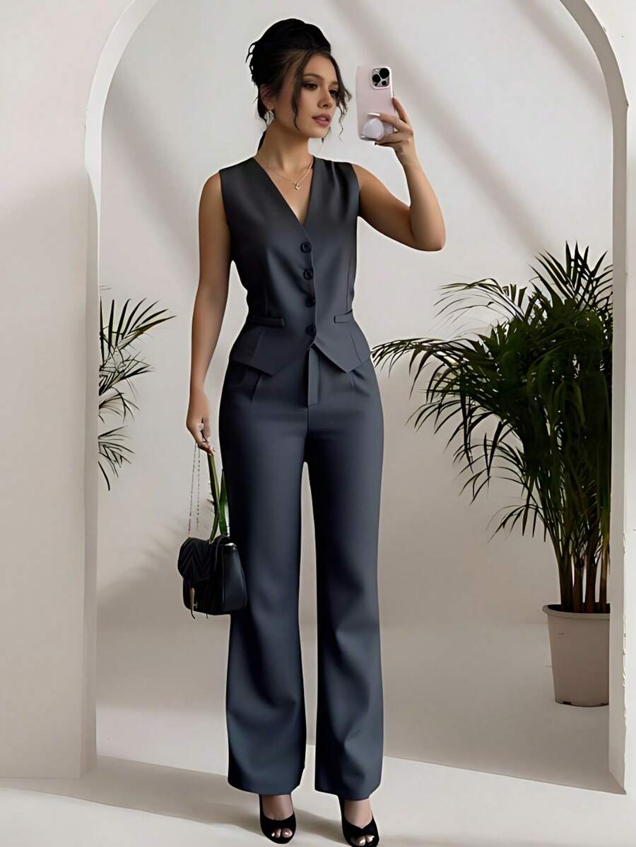 Zalla Women's Short Vest And Tailored Pants Set With Buttons, Formal And Elegant - 深灰色 - 查看 1