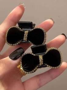 2pcs/Set Rhinestone Decor Bow Tie Hair Clip, Suitable For Daily Use Summer Hair Claws Claw Clips Hair Clips Hair Jaw Clip Hair Clamps Hair Clutch Hair Catcher Clip, Black Hair Accessories Fall Winter For Vacation Outfits Woman