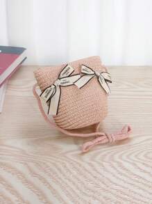 1 pieza Bolso de paja cruzado con lazo estilo princesa lindo para niñas, atuendo de princesa para usar en la playa y el día a día