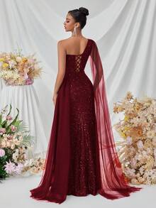 Elisanya 女式单肩长款飘逸丝带前开衩连衣裙，正式舞会礼服晚礼服，适合派对婚礼 - 酒紅色 - 查看 2