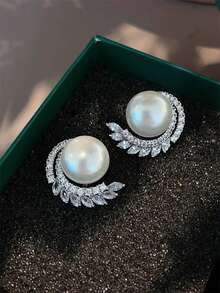 1 Pair Luxury Cubic Zirconia & Faux Pearl Stud Earrings For Women For Wedding Engagement Anniversary Party Jewelry Valentine's Day Gift - 1# - View 2