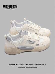 1 par de zapatillas de suela gruesa para mujer Renben con empeine de malla, cierre de cordones frontal, textil gris, de estilo vintage, cómodo diseño de plataforma para uso casual al aire libre en verano, adecuado para usar con faldas y pantalones, un popular modelo de zapato femenino de moda para 2025