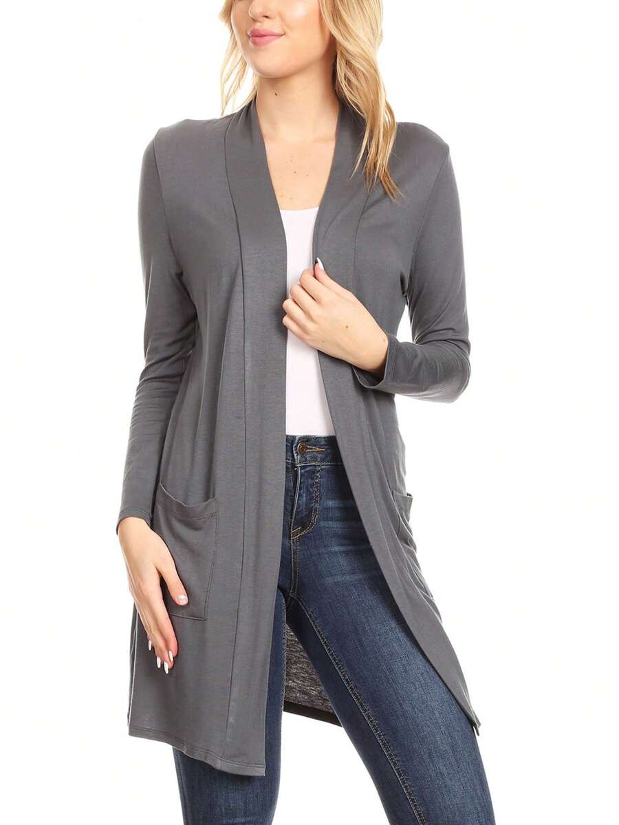 Classic Open Front Long Sleeve Cardigan With Side Pockets Plain Casual Pocket Daily - 木炭 - 查看 1