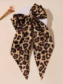 1pc Leopard Print Satin Bow Long Streamer Hair Clip Hair Accessory - Camel - View 1
