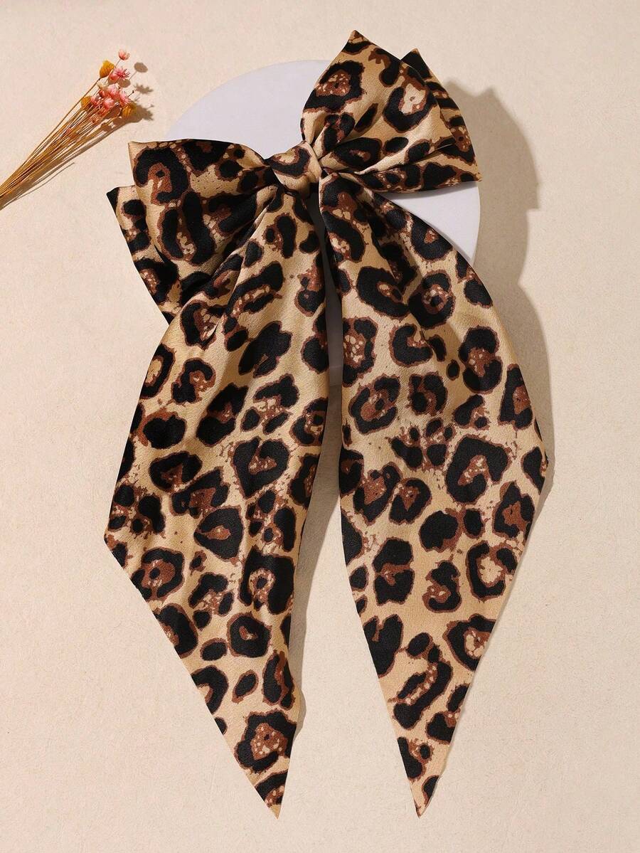 1pc Leopard Print Satin Bow Long Streamer Hair Clip Hair Accessory - Camel - View 1