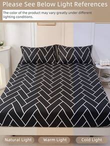 2/3pcs Printed Fitted Sheet Set, Bedding, Bed Sheets Set, Christmas Decorations, Soft And Comfortable Bedding, Skin-Friendly Bed Cover Set, Hallowen Decor, Fall Decor, Mattress Protector For Bedroom, Room Decor, For All Season, Fits Twin Full King Queen Size Bed, 1 Fitted Sheet And 2 Pillowcases, Machine Washable - 黑白格 - 查看 8