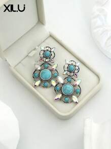 1 par de pendientes con colgante geométrico de colores múltiples con estilo vintage europeo para mujeres