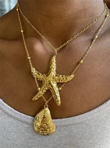 Stainless Steel Ocean Elements Minimalist Design Pendant Necklace With Fish, Starfish, Shell For Women