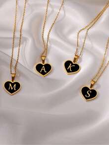 Stainless Steel Initial Letter Black Heart Necklaces Women Gothic Name Pendant Charm Necklace Wedding Jewelry Anniversary Gifts - Yellow Gold - View 5